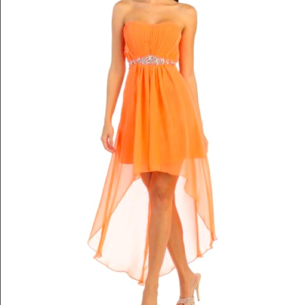 MayQueen Couture strapless Embellished cocktail coral orange dress with shawl S